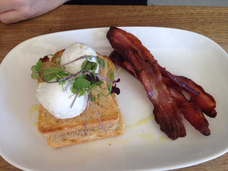poached eggs + bacon, tall timber