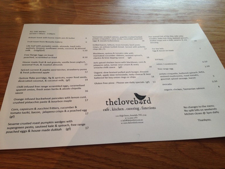 the menu, the lovebird