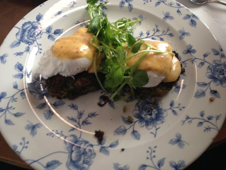fritters with poached eggs + hollandaise, little rose diner